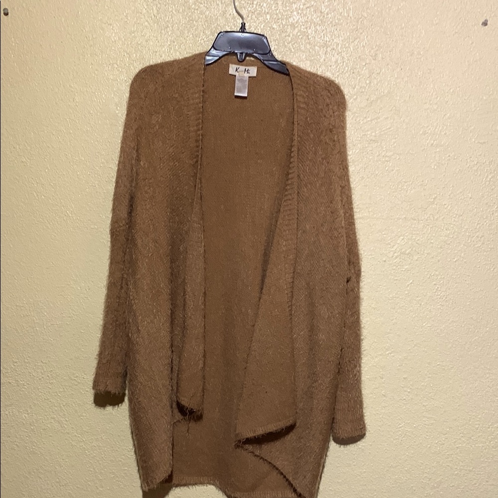 Kye Mi Sweater Open Cardigan L Stretchy Draped Fuzzy Cozy Tan Brown Polyester